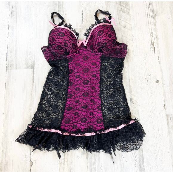 Victoria's Secret Black & Pink Lace Intimate Bustier Nighty Women's 34B - Picture 1 of 9